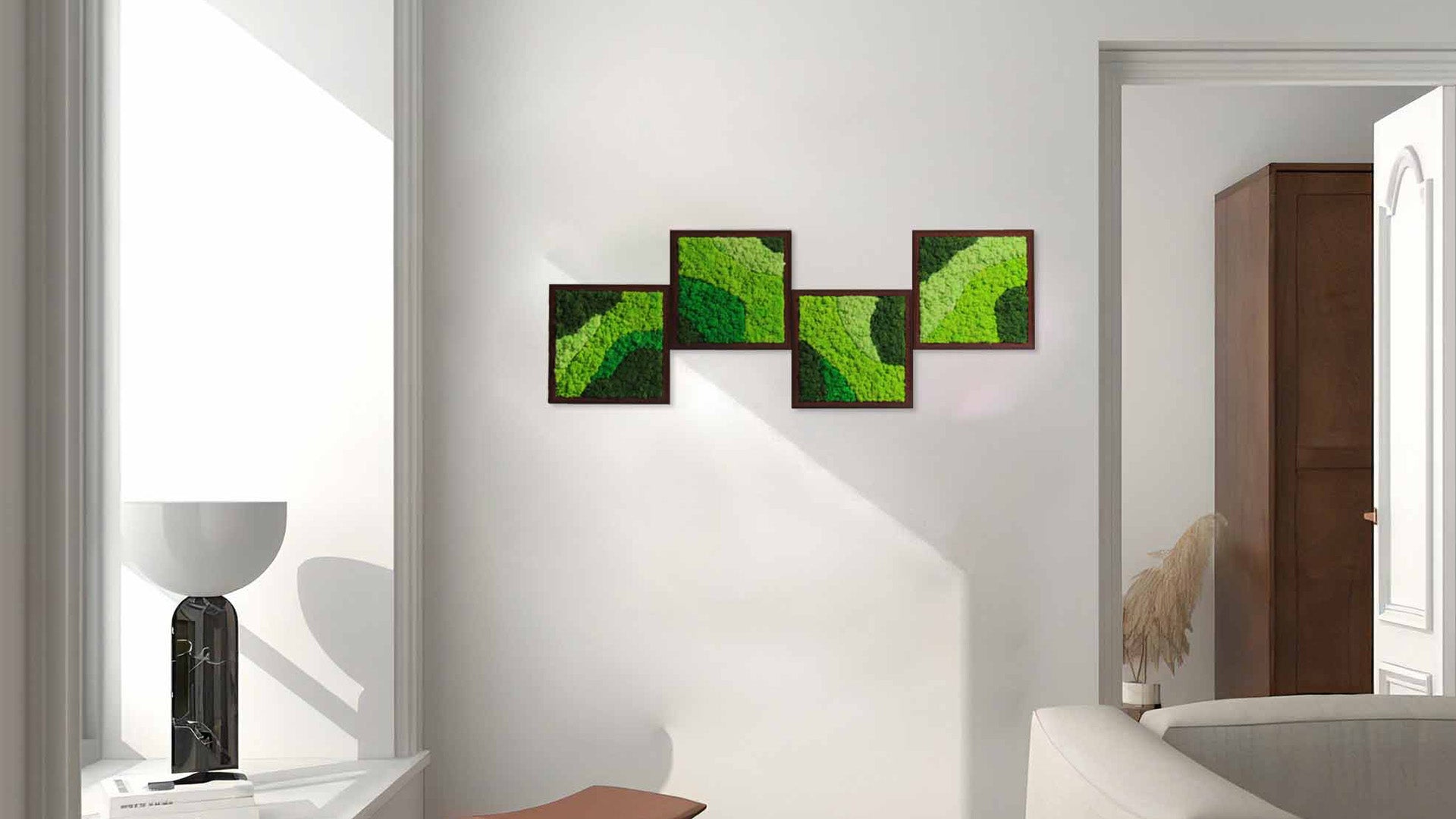 Four-piece modular reindeer moss wall art set: Interconnected green patterns in simplistic interior