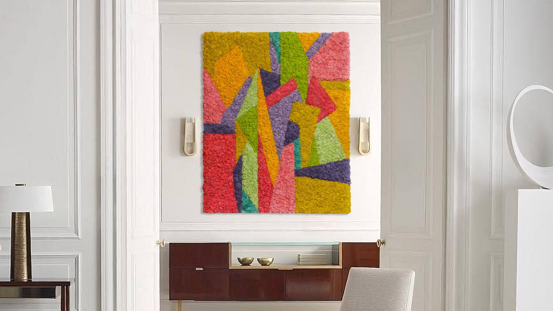 Abstract Modern Reindeer Moss Wall Art Warm Tones hanging in a vibrant living room.