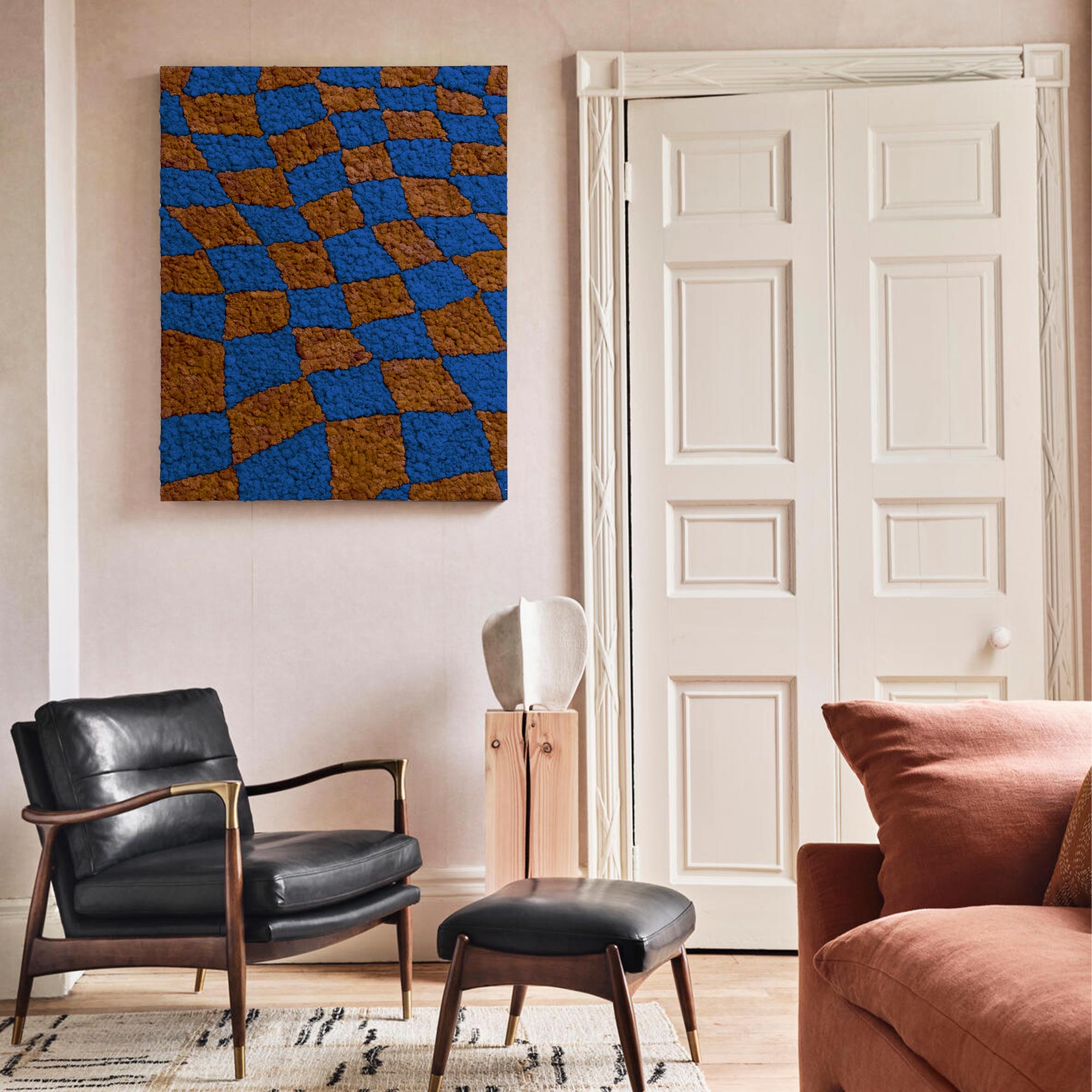 Coffee & Blue Checkerboard Reindeer Moss Art displayed in a modern lounge, enhancing the decor.