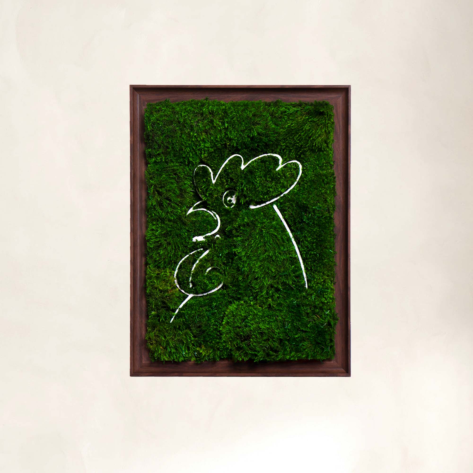  Framed rooster pattern Parisian moss wall art in dark walnut wood, handcrafted with preserved mood moss